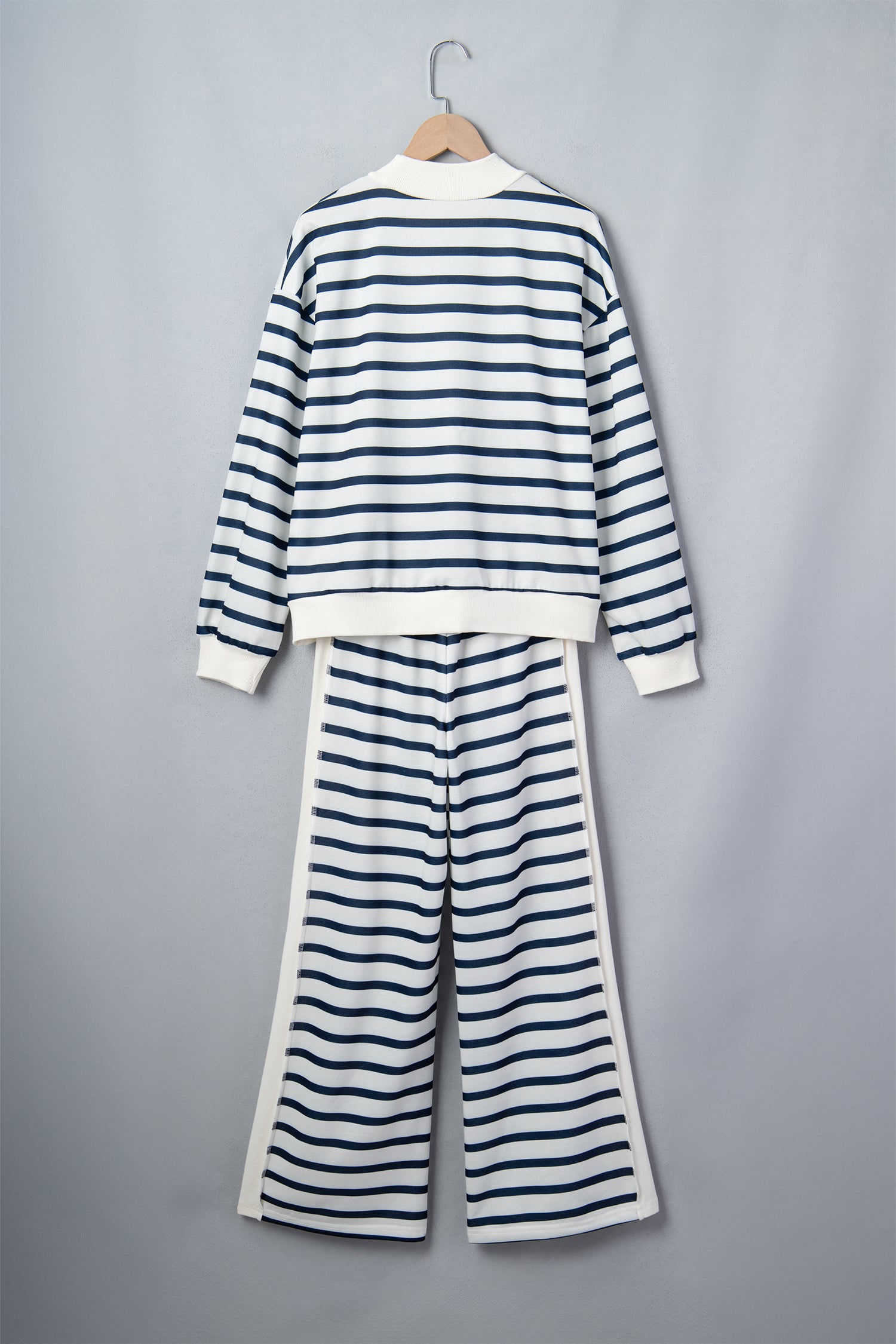 Blue Stripe Striped Ribbed Cuff Collar Pocket Loose Pant Set
