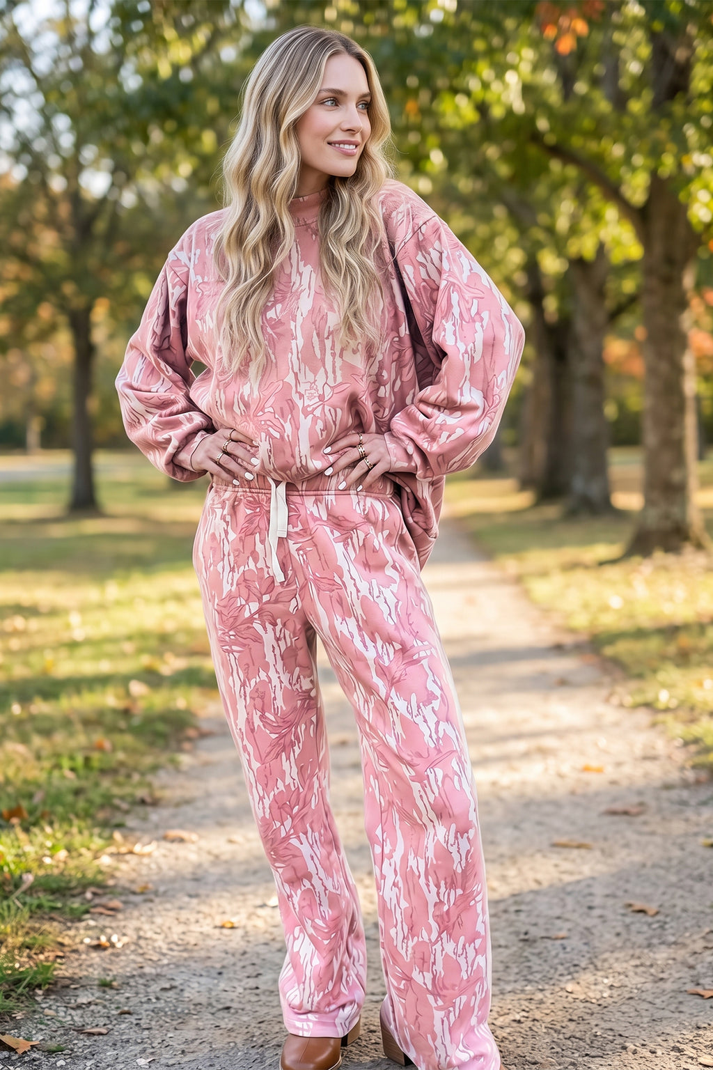 Pink Abstract Floral Print Loose Pullover Drawstring Pants 2pcs Set