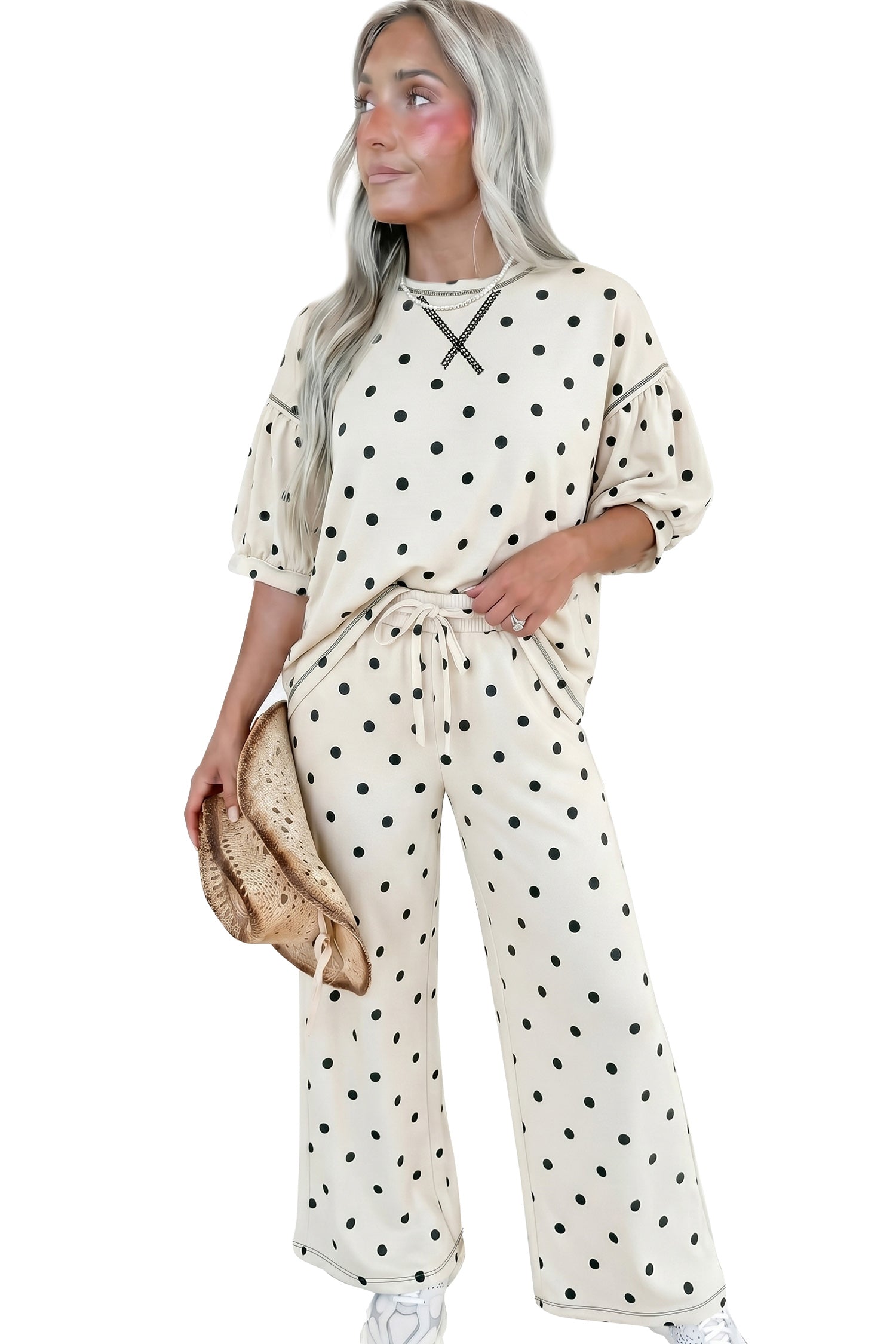 Beige Polka Dot Half Sleeve Loose Top Elastic Waist Casual Pants Set