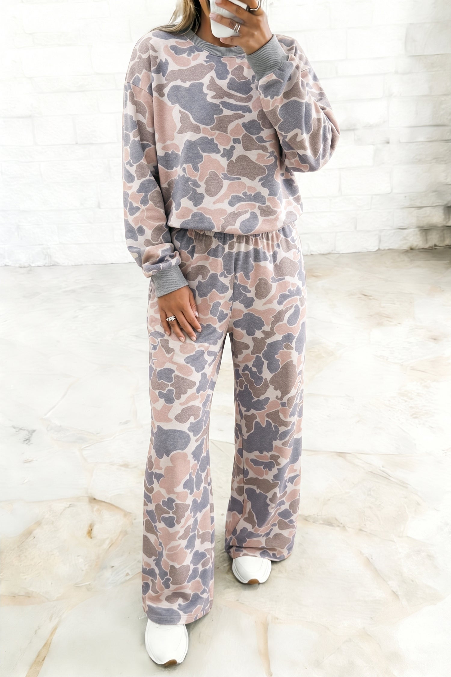 Multicolour Camouflage Print Long Sleeve Top Loose 2pcs Pants Set