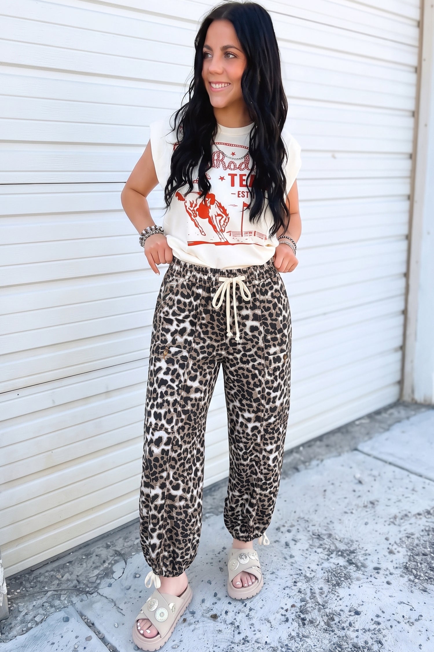 Black Leopard Print Drawstring Jogger Jeans
