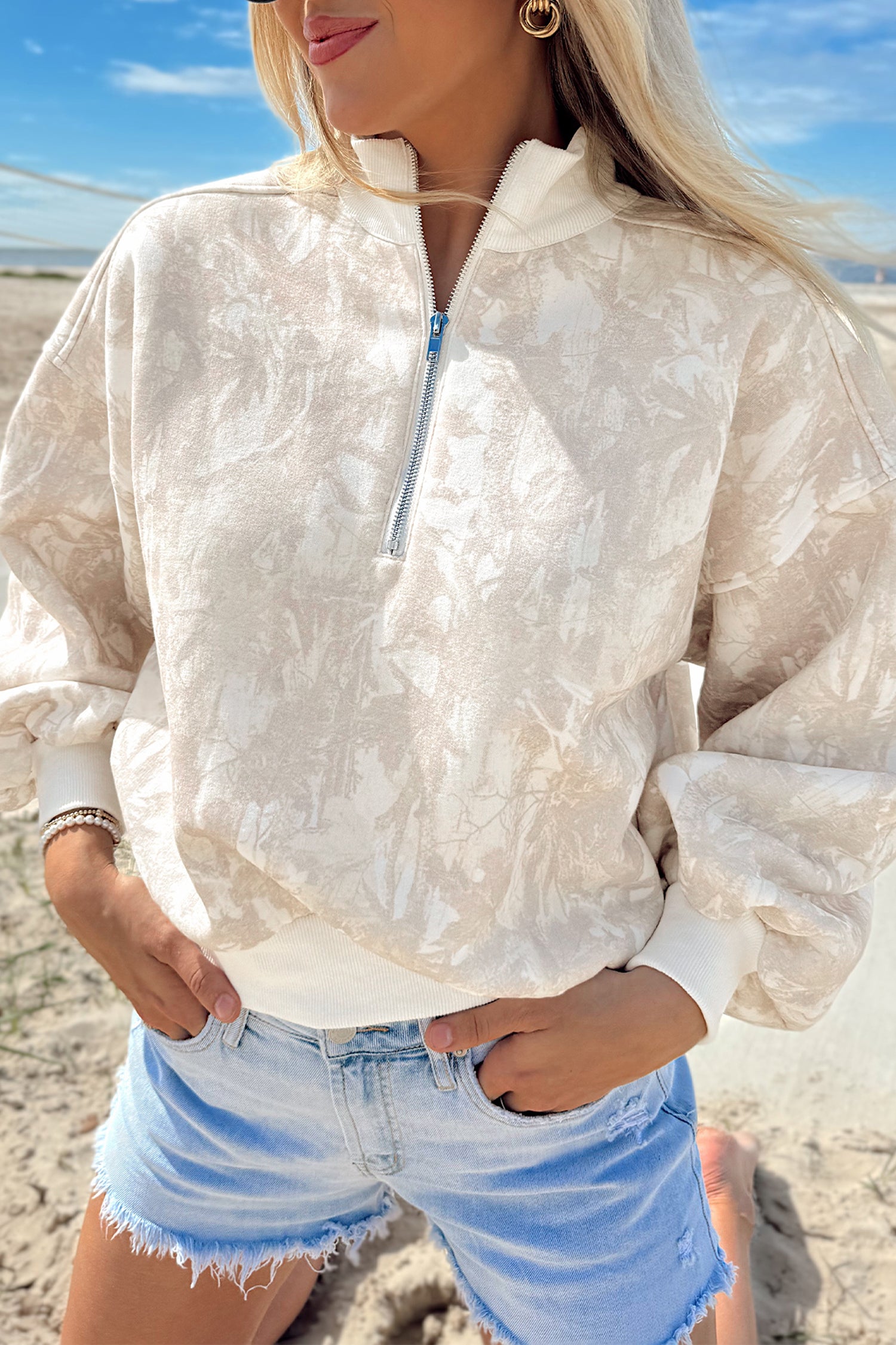Khaki Camouflage Print Quarter-Zip Drop Shoulder Long Sleeve Sweatshirt