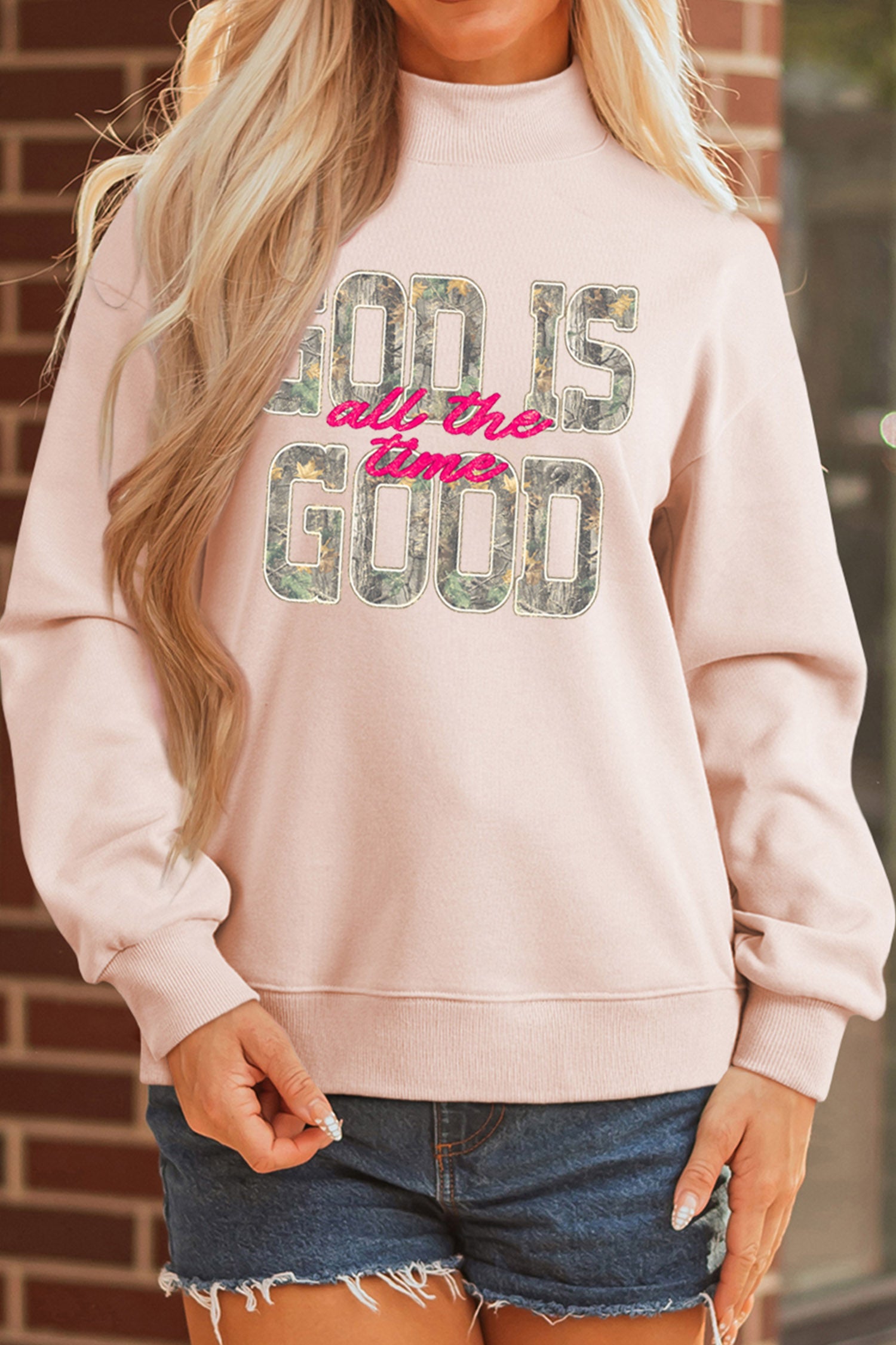 Apricot Pink Camo Print Letter Graphic Mock Neck Sweatshirt