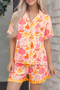 Pink Short Sleeve Pumpkin Print Pocket Placket Shell Button Lounge Set