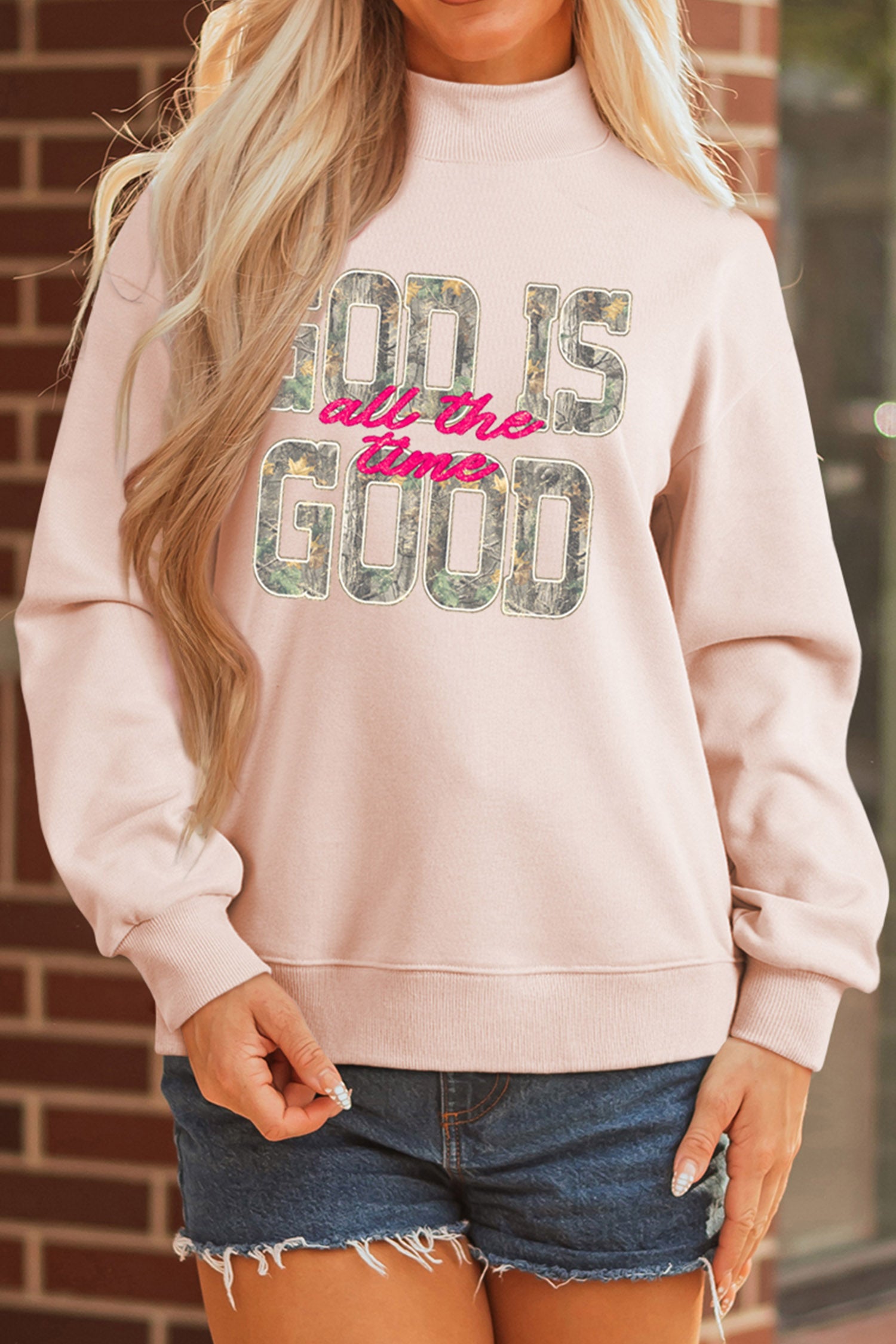 Apricot Pink Camo Print Letter Graphic Mock Neck Sweatshirt