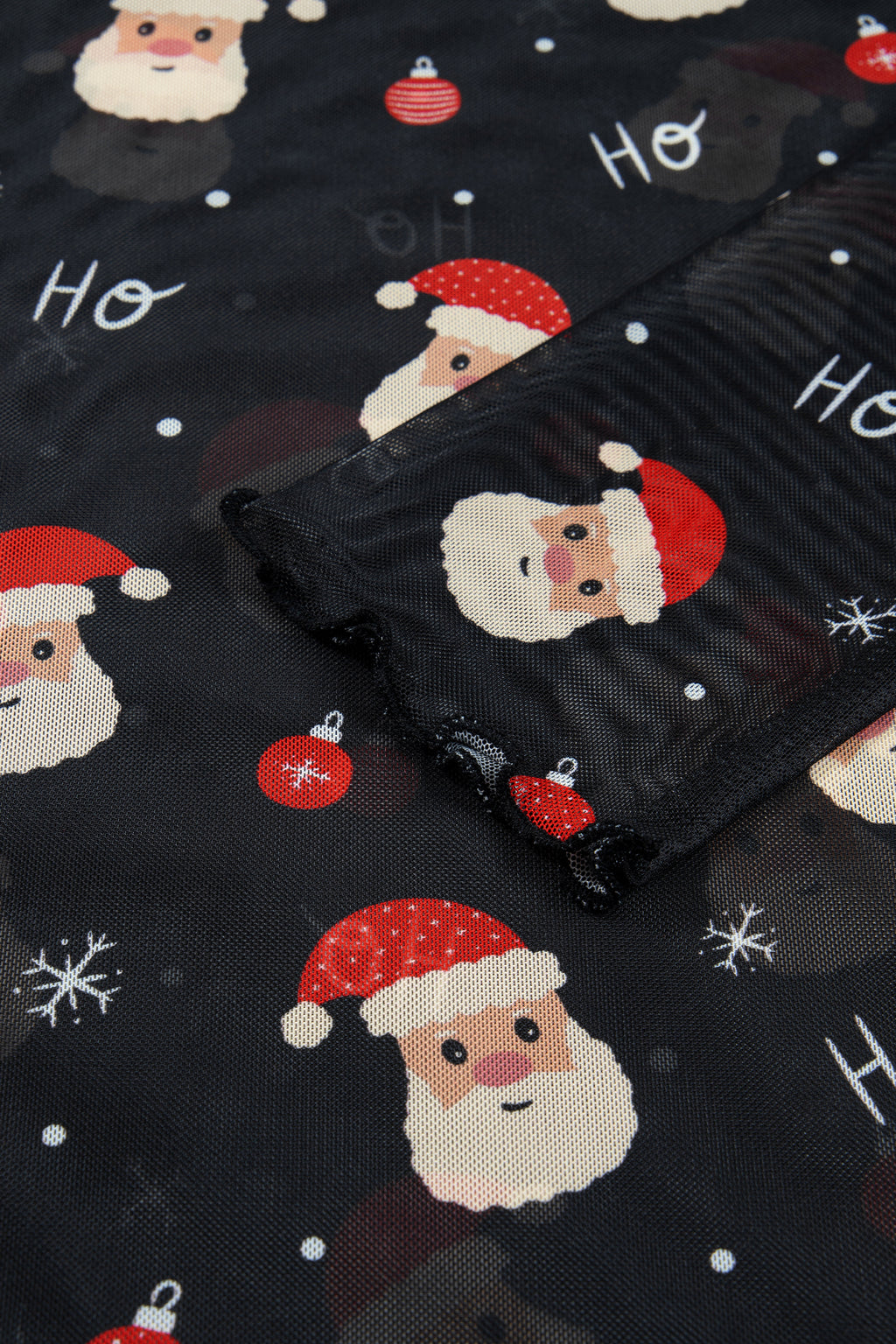 Black Santa Print Sheer Stand Neck Long Sleeve Top