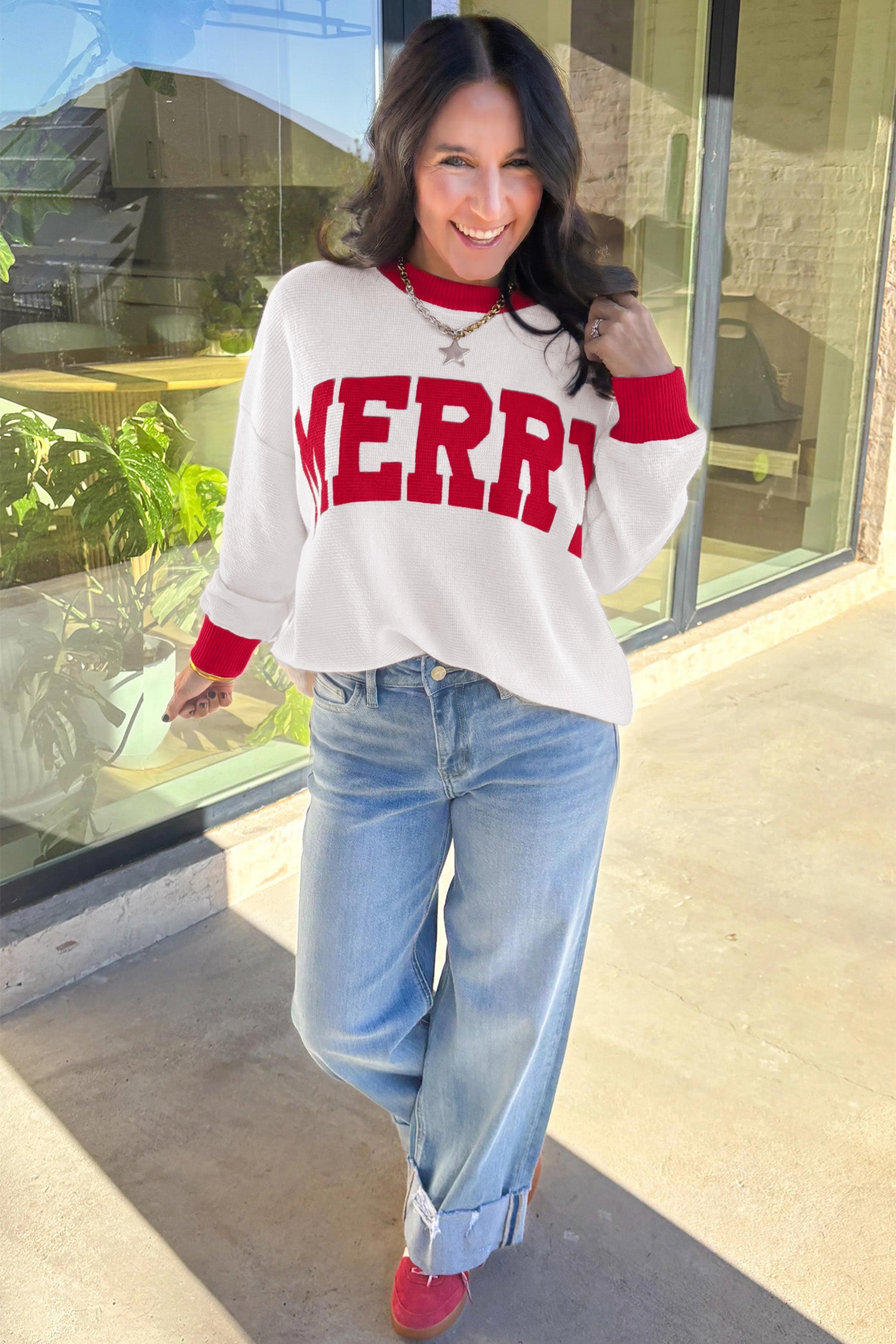 Beige Color Block Trim Merry Slogan Pullover Sweatshirt