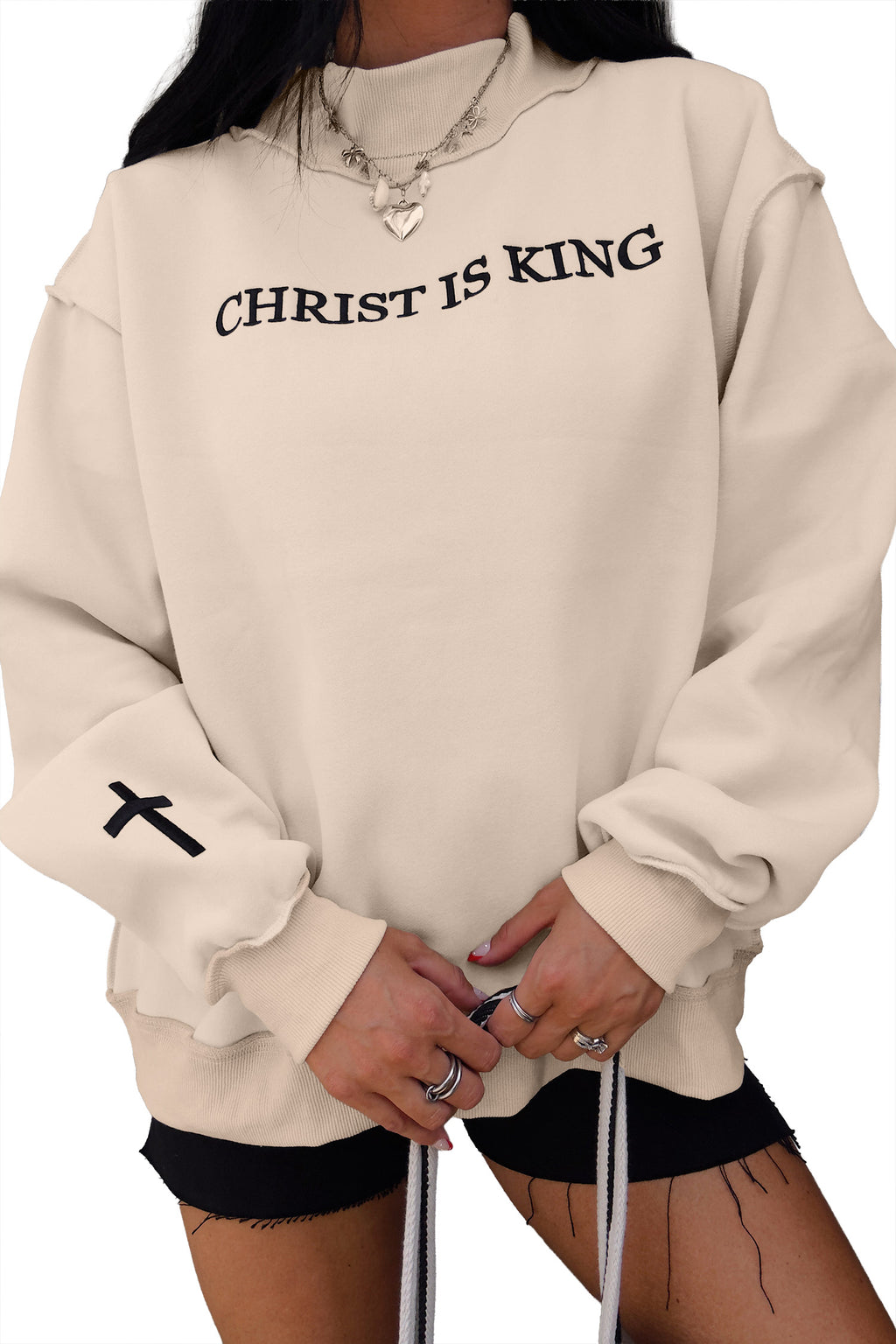 Beige CHRIST IS KING Embroidery High Neck Baggy Sweatshirt