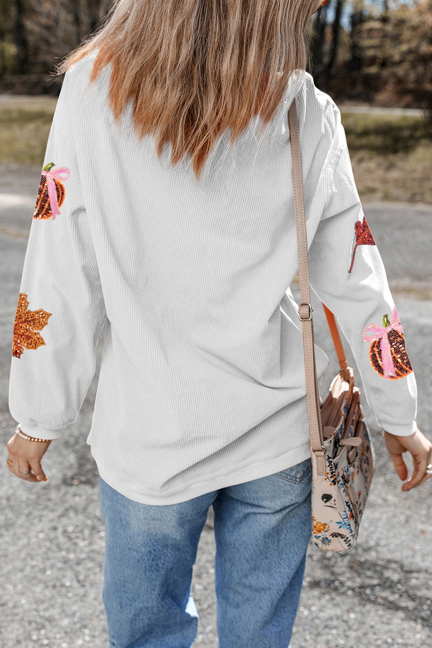 White Sequin Pumpkin Leaf Corded Ribbed Oversized Sweatshirt