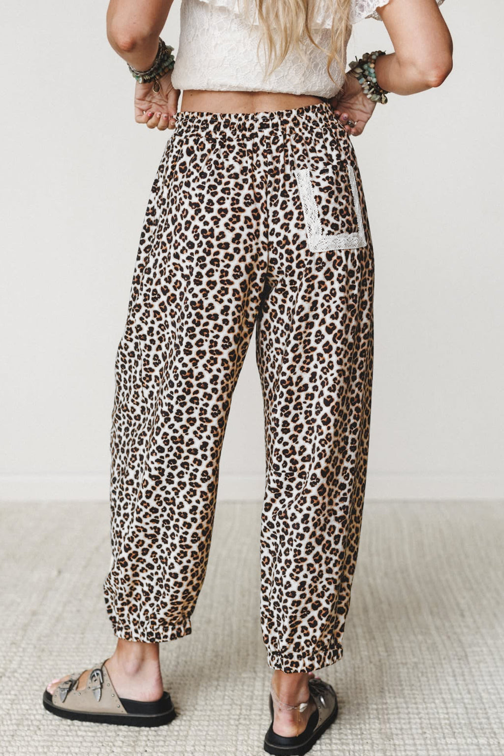 Black Leopard Print Ankle-Length Elastic Waist Pants