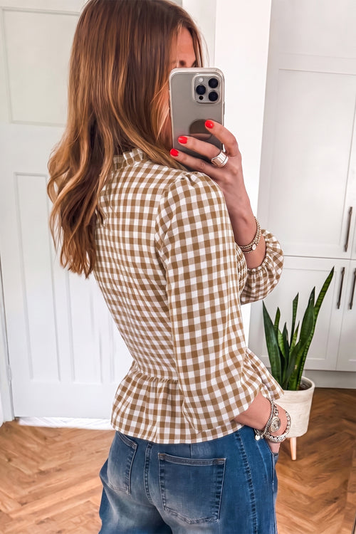 Brown 3/4 Sleeve Shirred Plaid Peplum Top