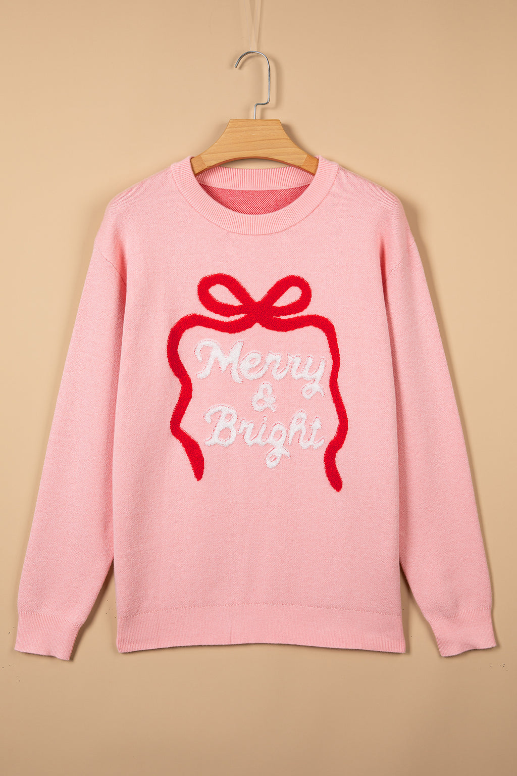 Gossamer Pink Drop Shoulder Round Neck Towel Embroidery Slogan Pullover Sweater