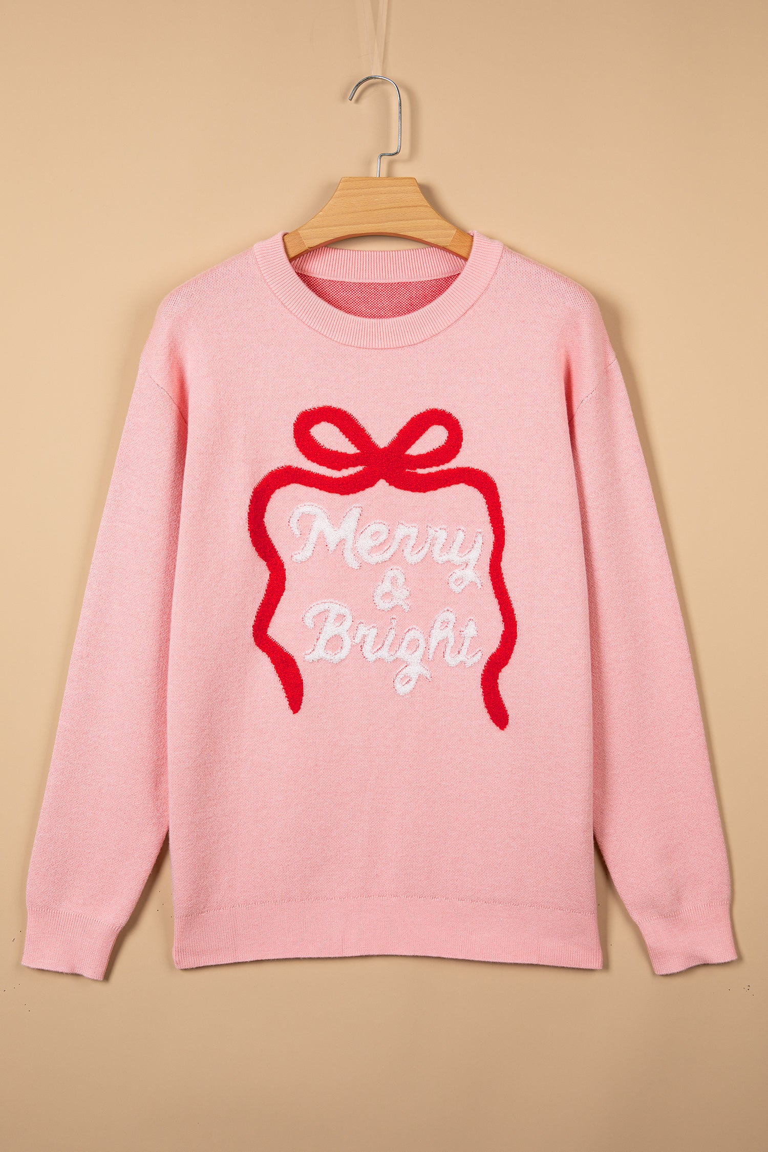 Gossamer Pink Drop Shoulder Round Neck Towel Embroidery Slogan Pullover Sweater