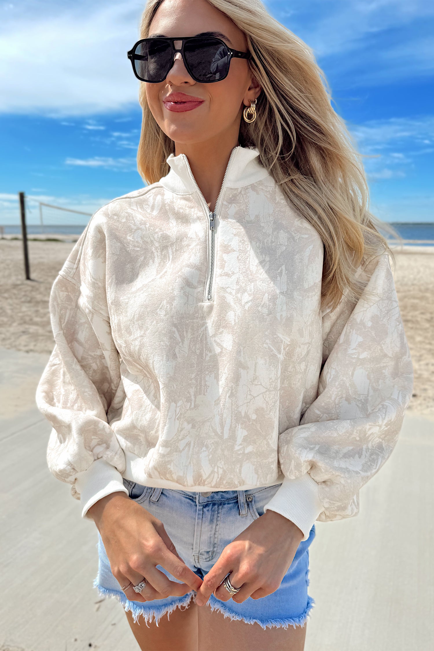 Khaki Camouflage Print Quarter-Zip Drop Shoulder Long Sleeve Sweatshirt