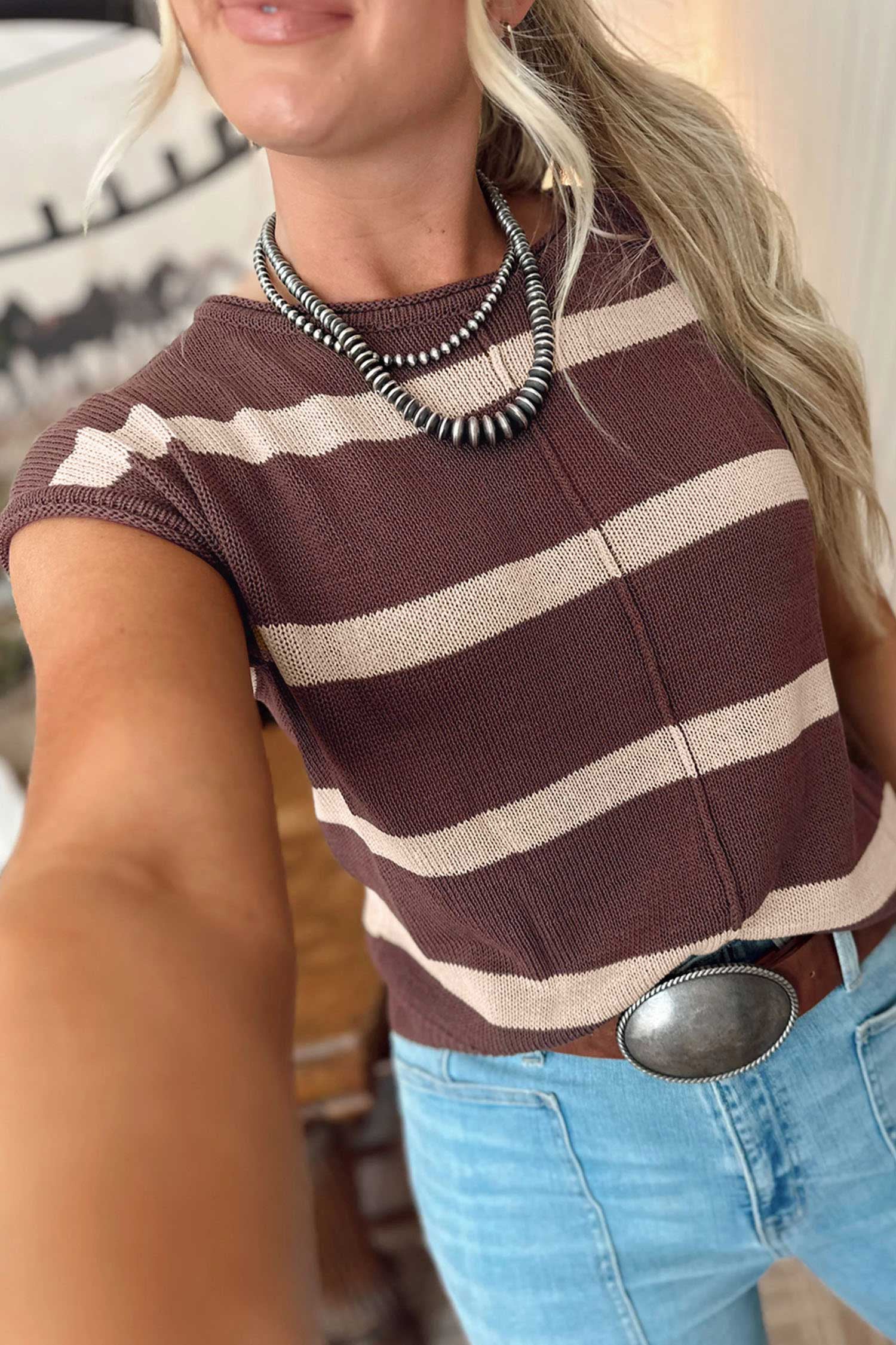 Brown Stripe Knit Western Short Sleeve Sweater