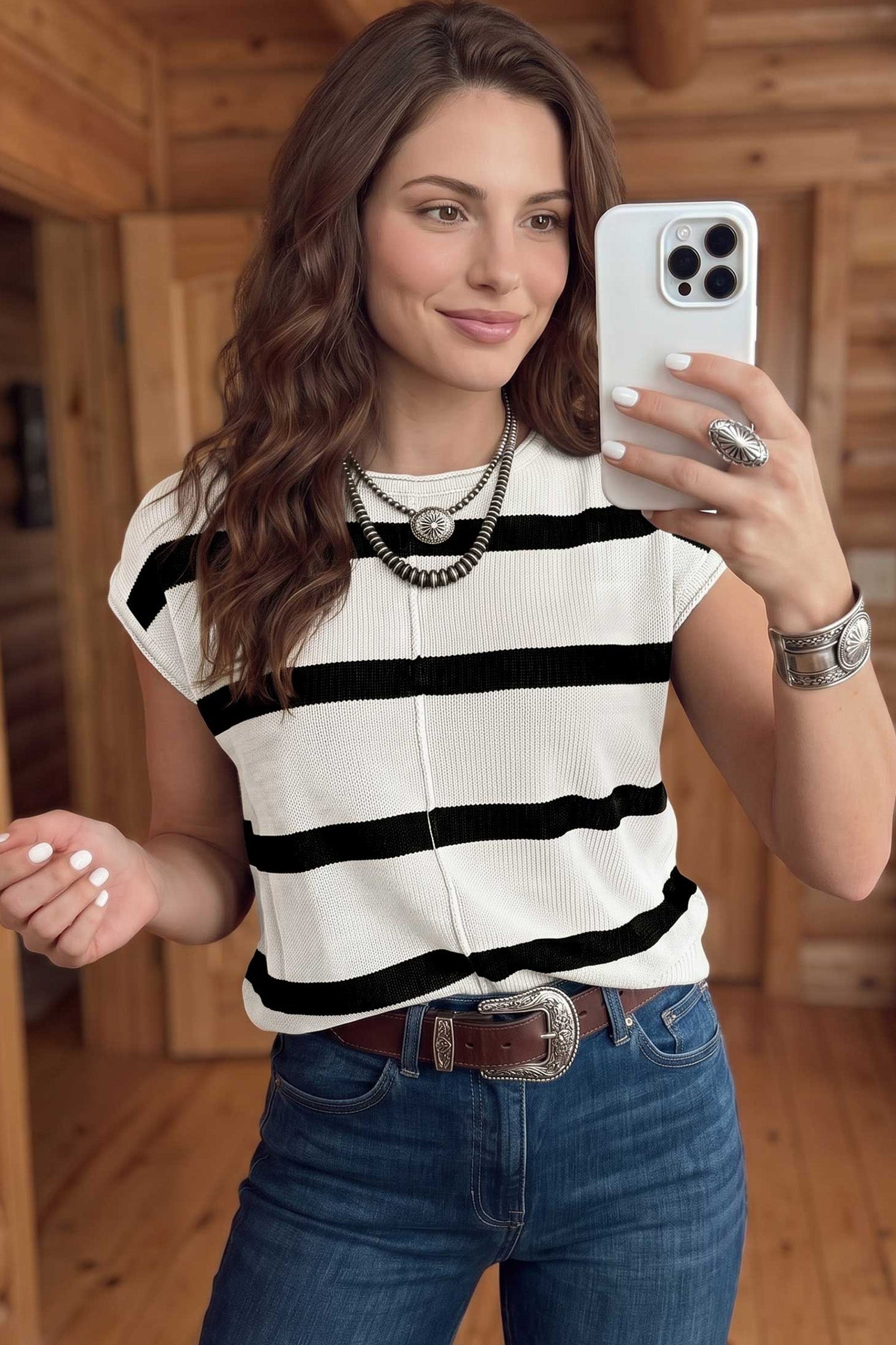 Brown Stripe Knit Western Short Sleeve Sweater
