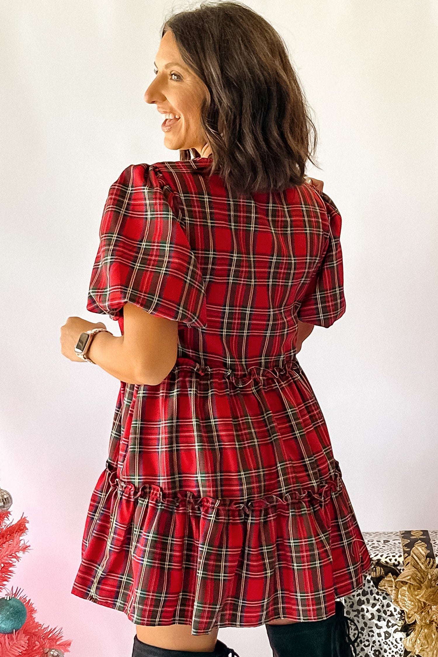 Red Plaid Knot Neck Short Sleeve Mini Shift Dress