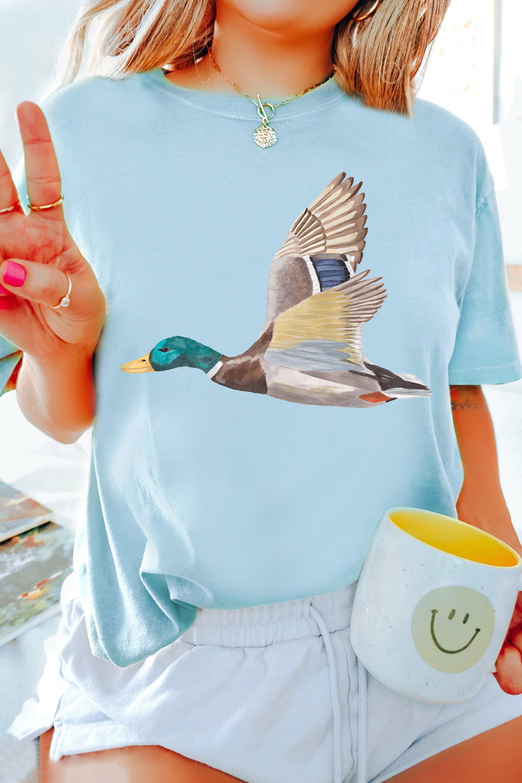 Light Blue Flying Mallard Print Western Graphic Tee