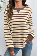 Brown Stripe Patchwork Ribbed Cuff Casual Pullover Sweatshirt