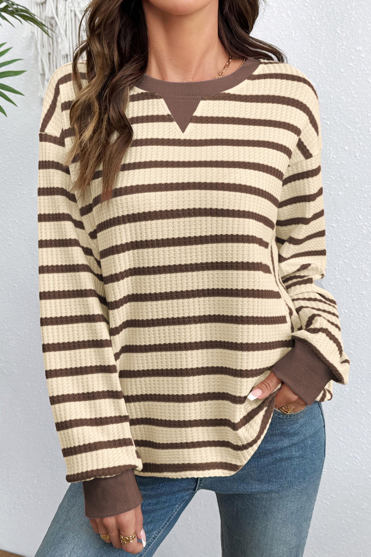Brown Stripe Patchwork Ribbed Cuff Casual Pullover Sweatshirt