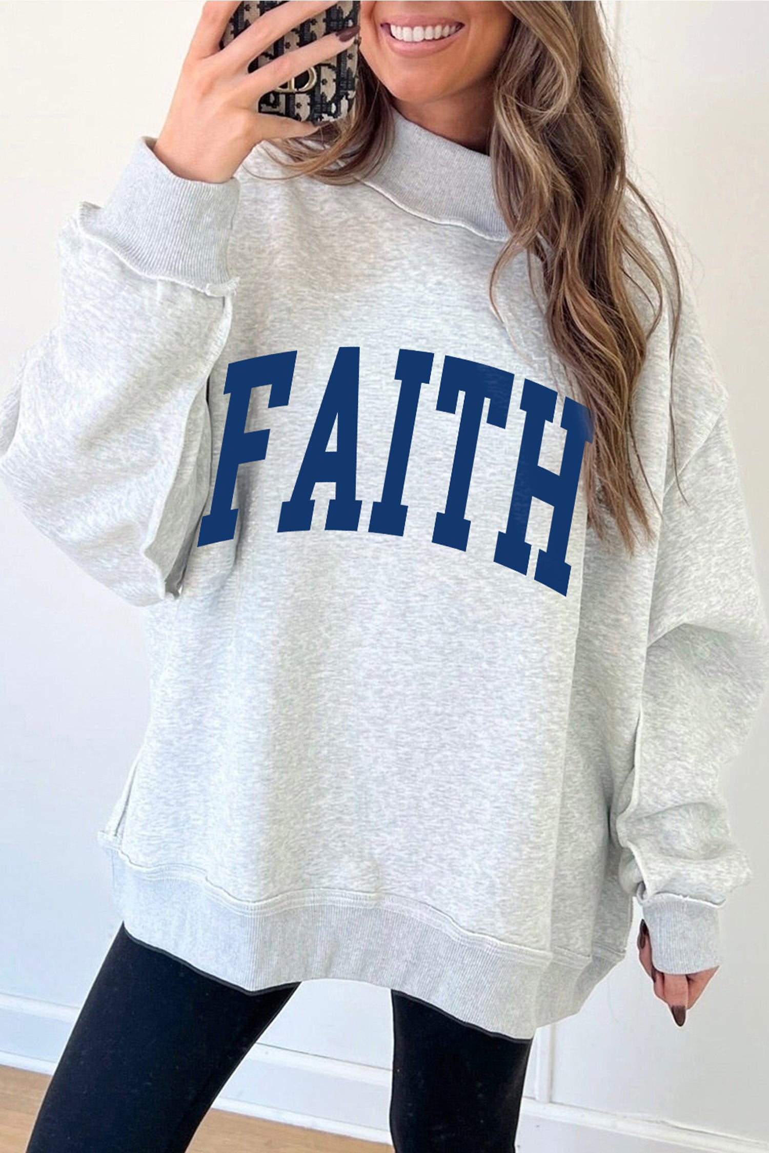 Light Grey FAITH/ JESUS Double Side Letter Print Casual High Neck Sweatshirt