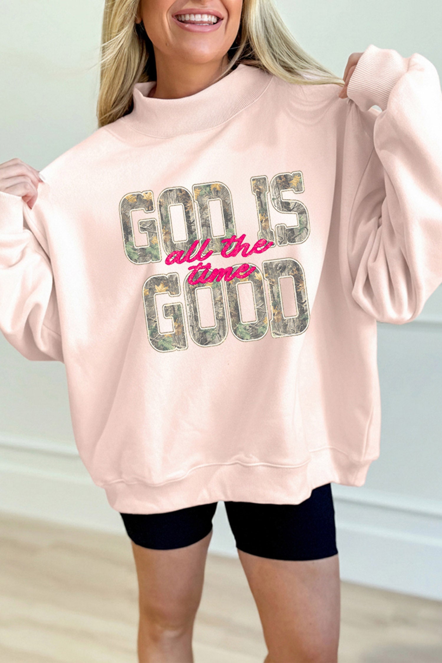 Apricot Pink Camo Print Letter Graphic Mock Neck Sweatshirt