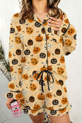 Orange Long Sleeve Ruffle Pumpkin Face Print Two Piece Lounge Set