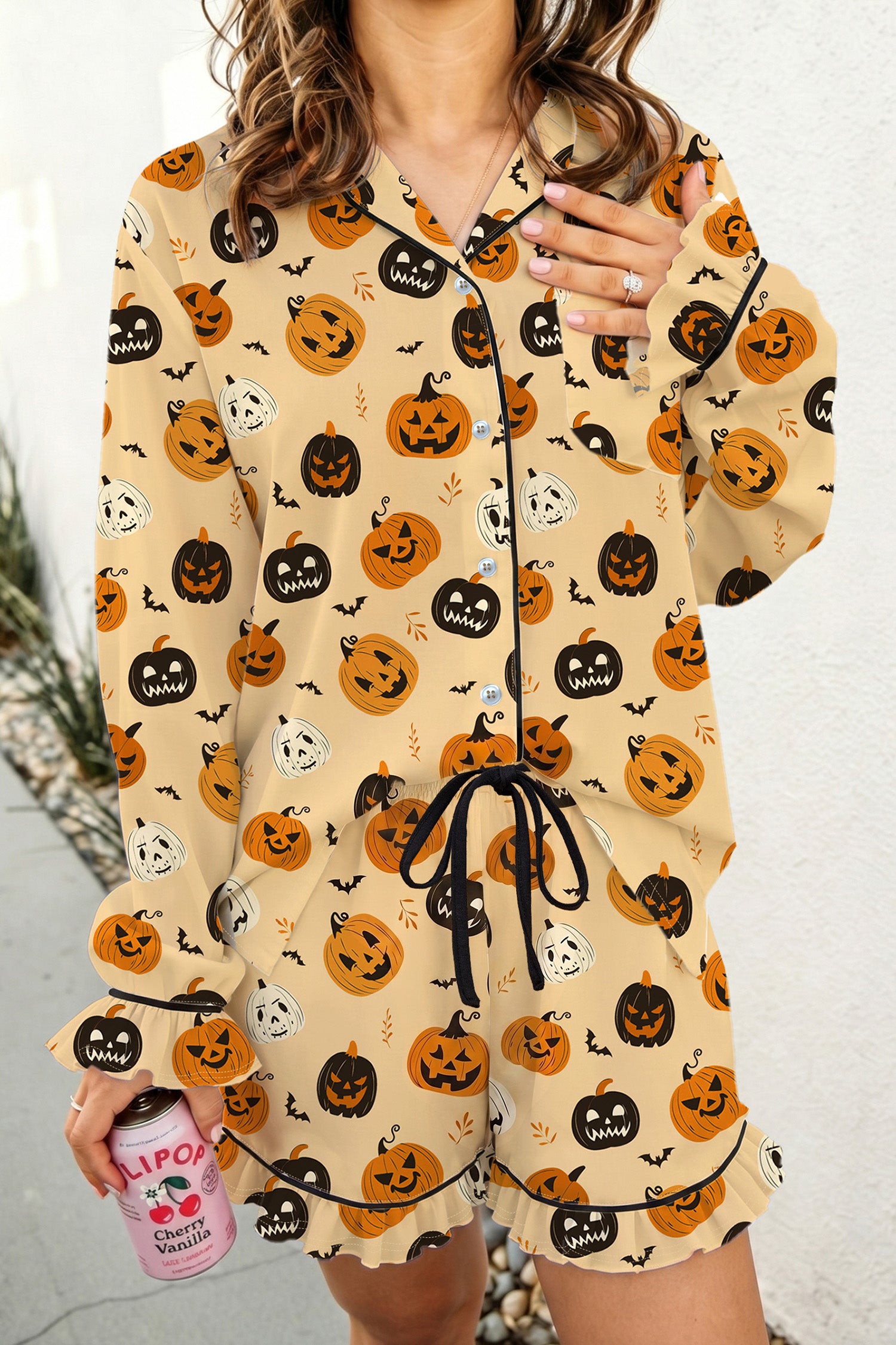 Orange Long Sleeve Ruffle Pumpkin Face Print Two Piece Lounge Set