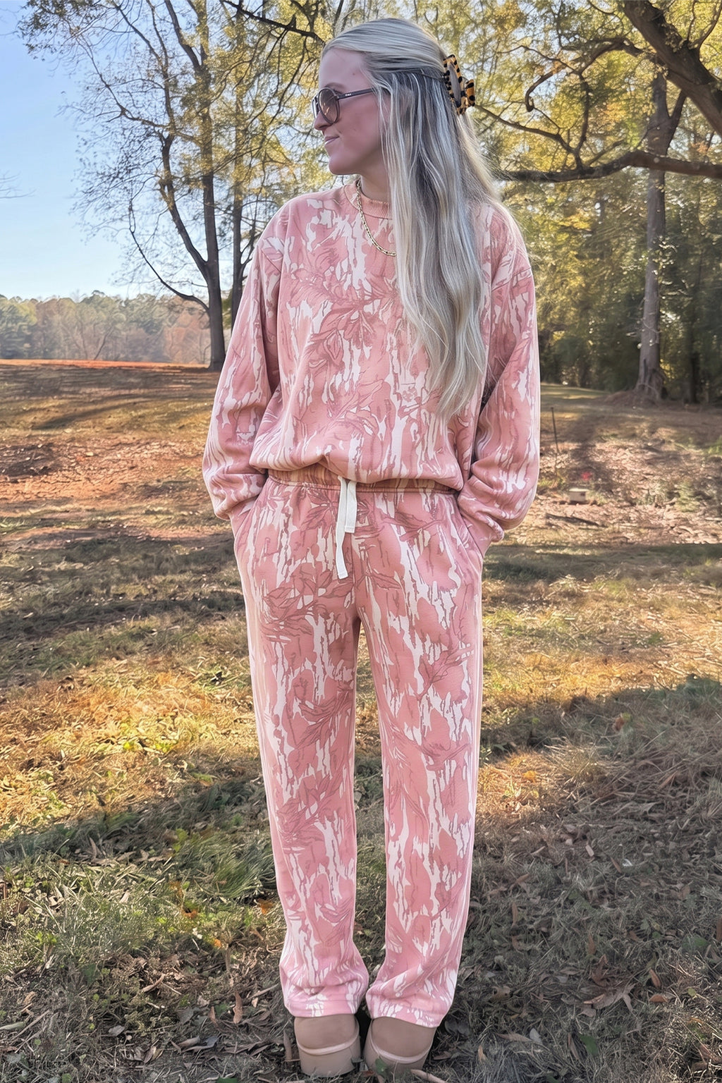 Pink Abstract Floral Print Loose Pullover Drawstring Pants 2pcs Set