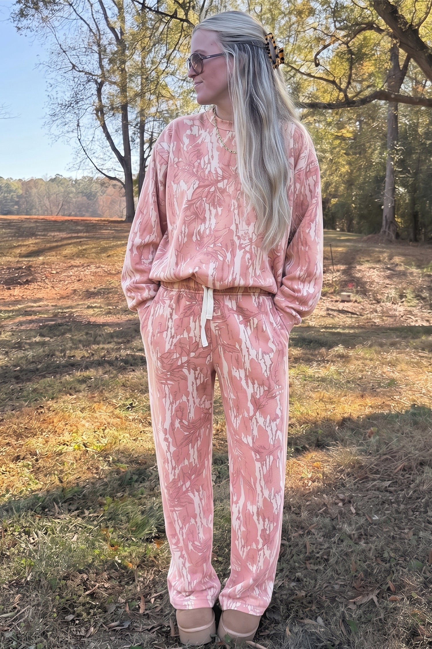 Pink Abstract Floral Print Loose Pullover Drawstring Pants 2pcs Set