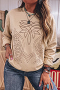 Light French Beige Western Embroidery Round Neck Pullover Long Sleeve Sweatshirt