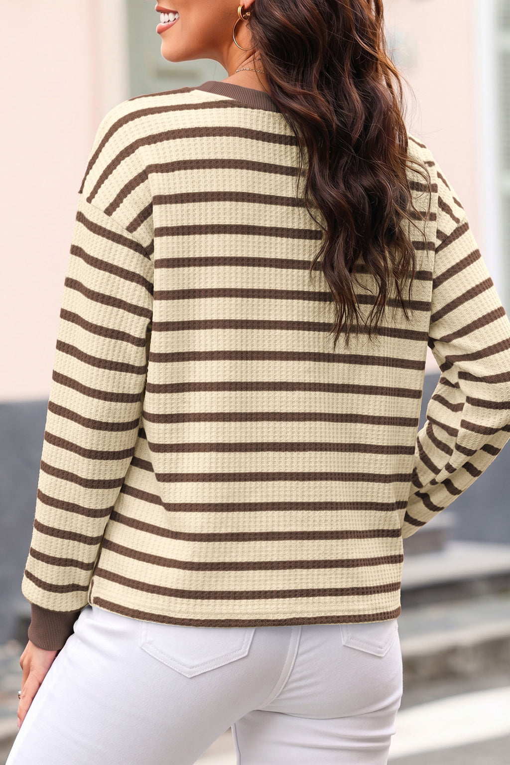 Brown Stripe Patchwork Ribbed Cuff Casual Pullover Sweatshirt