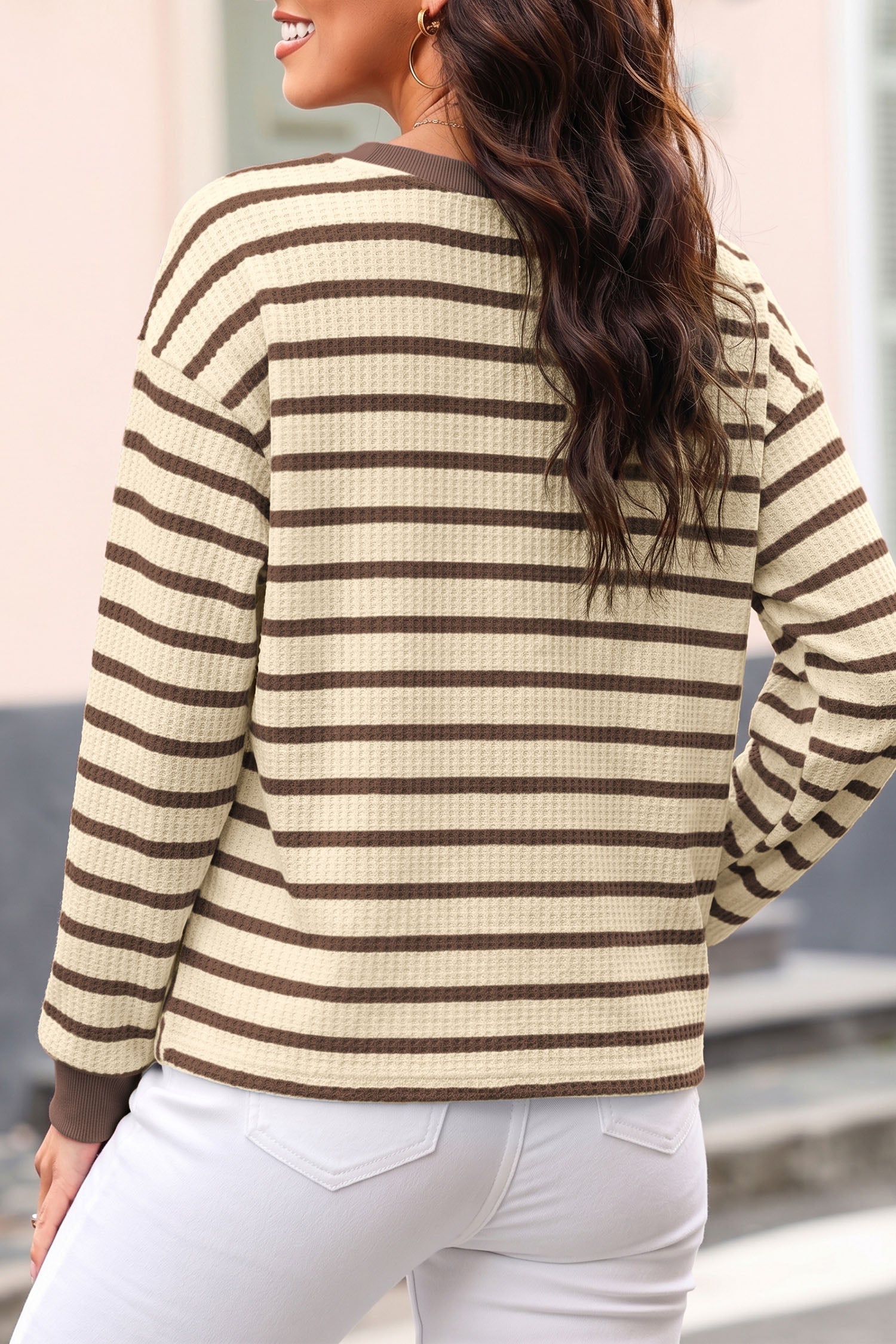 Brown Stripe Patchwork Ribbed Cuff Casual Pullover Sweatshirt