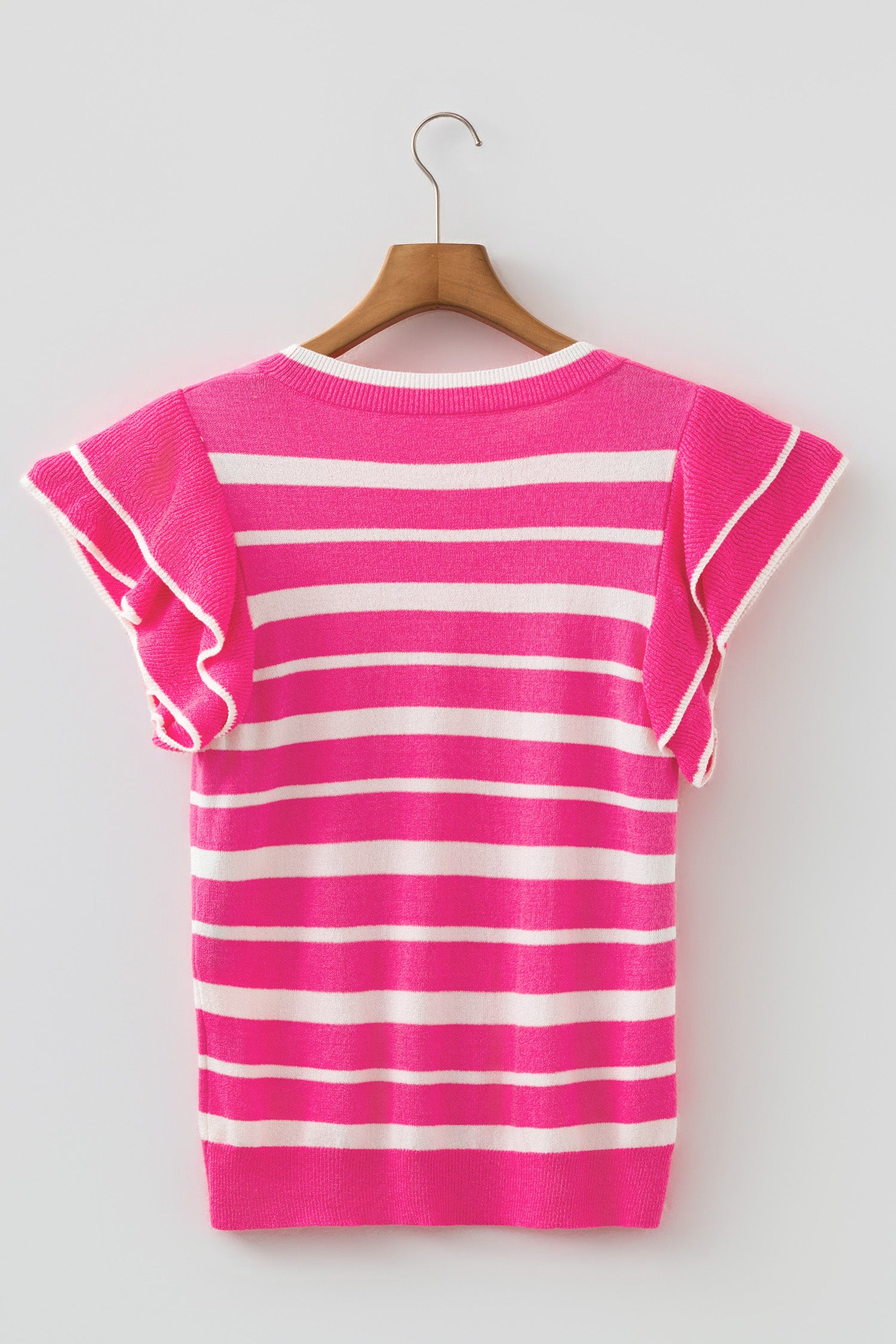 Rose Stripe Double Ruffle Short Sleeve Lightweight Knit Sweater