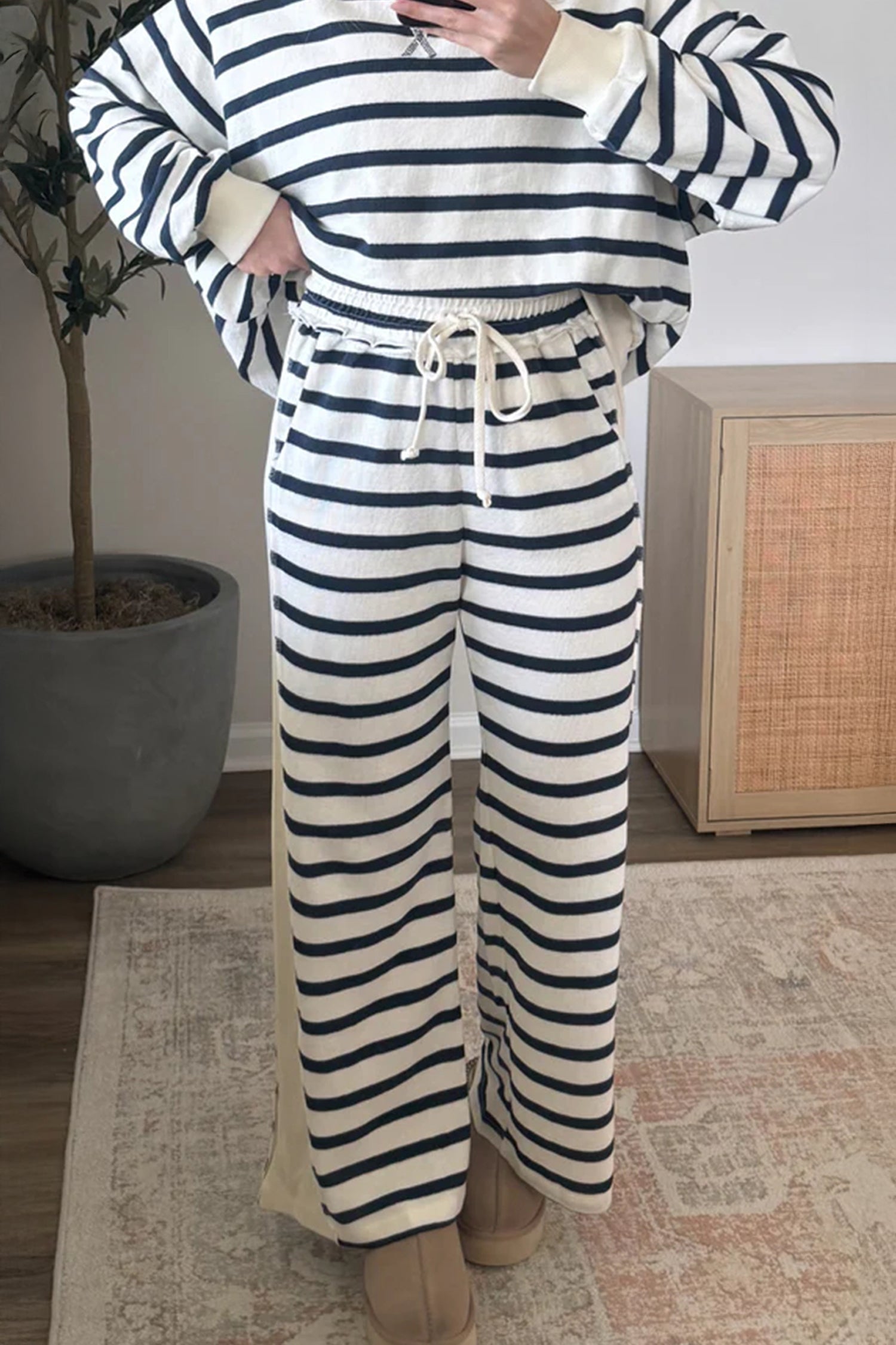 Blue Stripe Striped Ribbed Cuff Collar Pocket Loose Pant Set