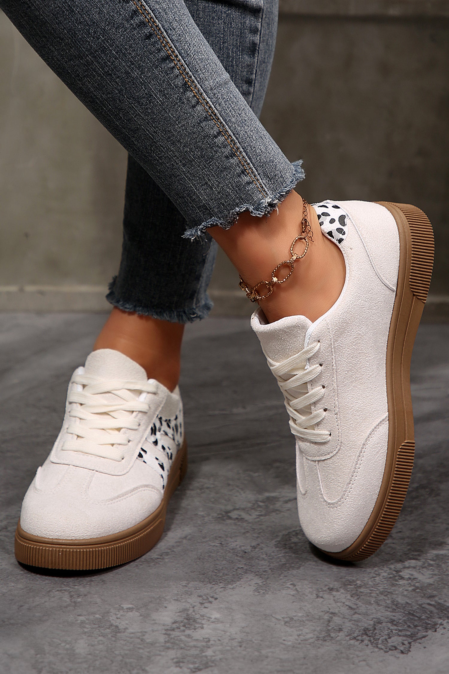 White Suede Leopard Color Block Trim Lace-up Casual Shoes