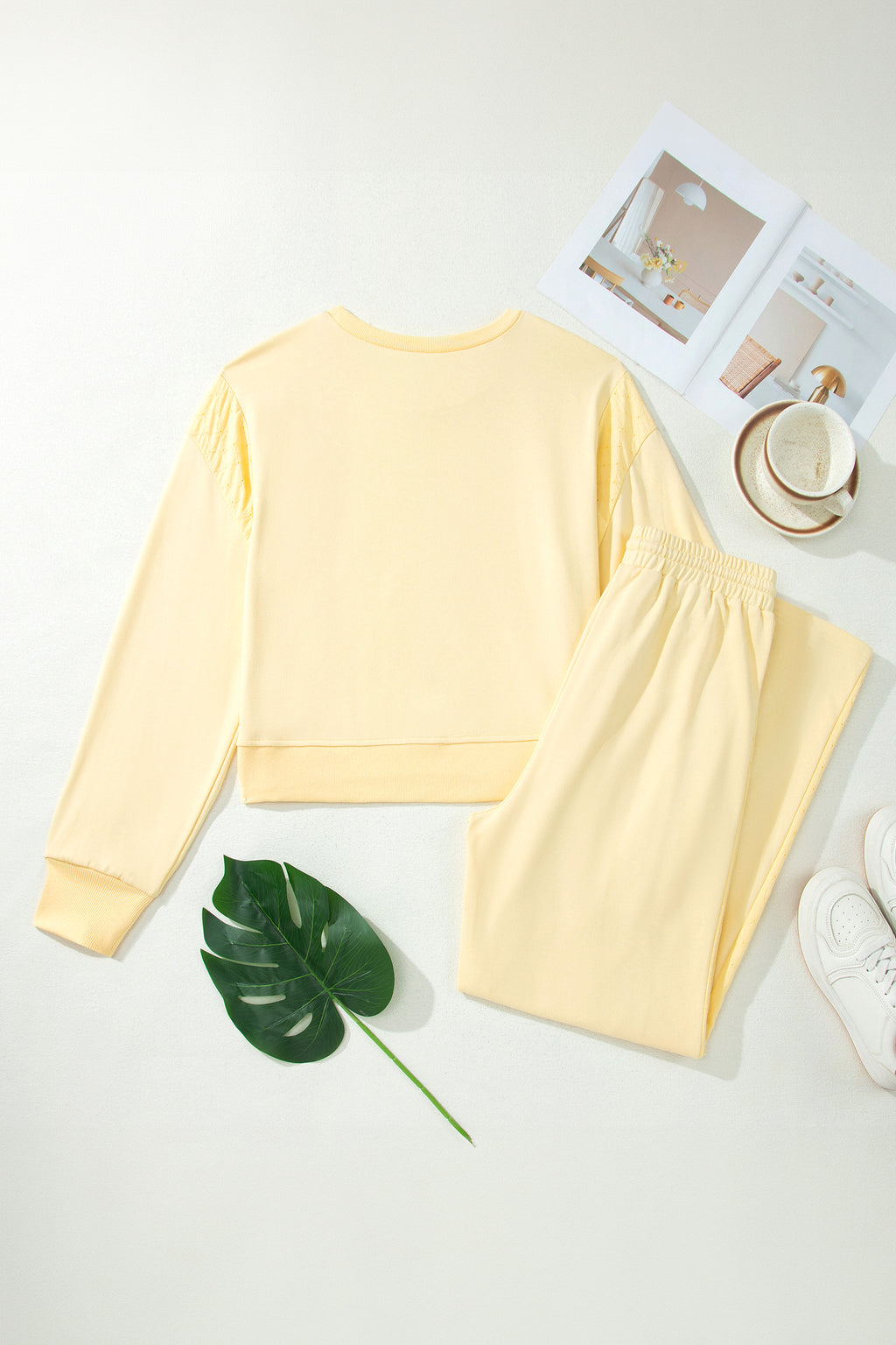 Yellow Cream Eyelet Embroidered Lace Patchwork Cropped Pullover Drawstring Pants Set