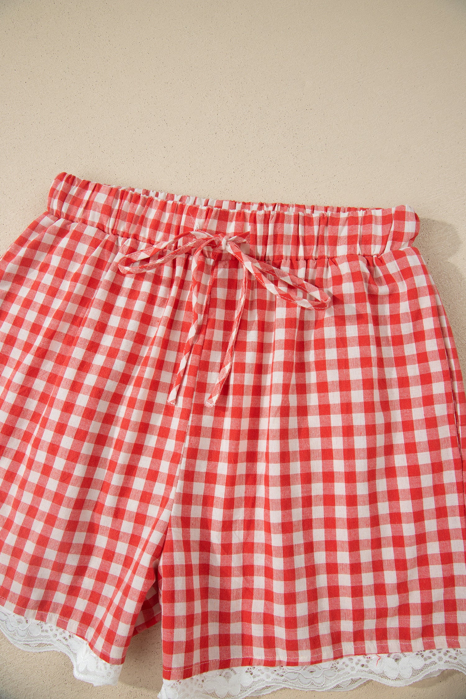 Red Gingham Plaid Tie Elastic Waist Lace Patchwork Hem Casual Shorts