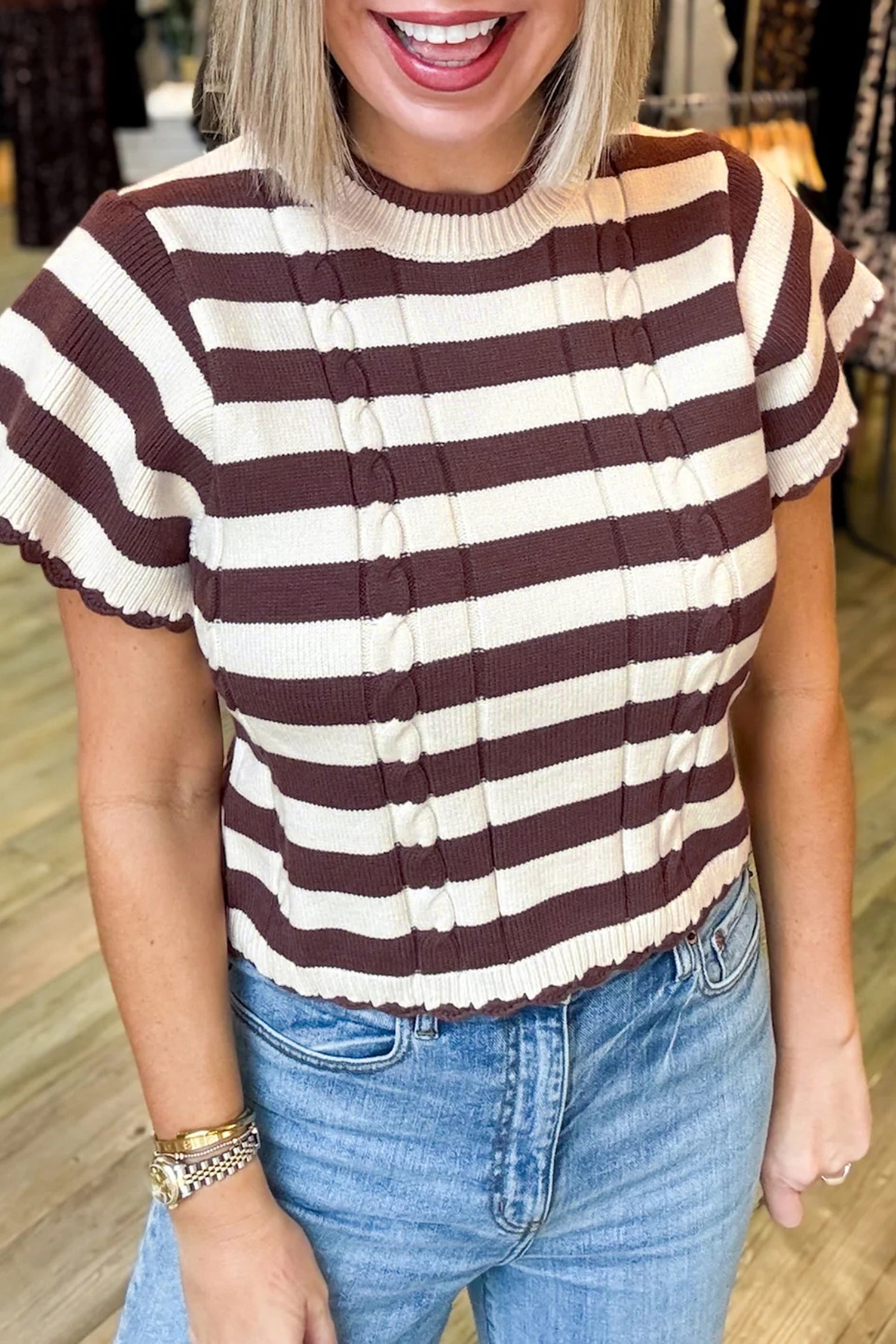 Brown Stripe Ribbed Knit Cable Detail Short Sleeve Sweater