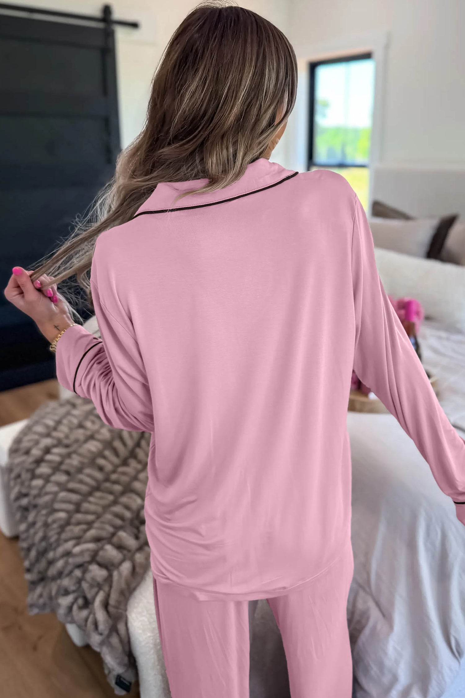 Delicacy Long Sleeve Colorblock Patchwork Two Piece Home Wear Lounge Set
