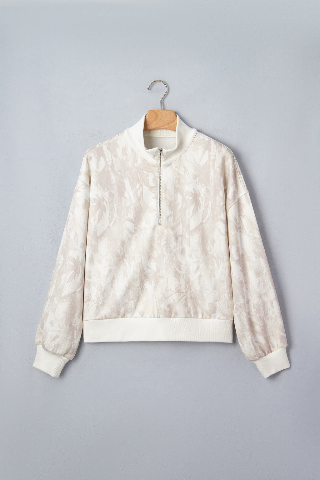 Khaki Camouflage Print Quarter-Zip Drop Shoulder Long Sleeve Sweatshirt