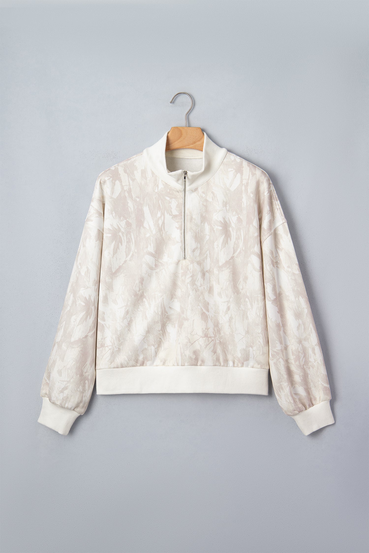 Khaki Camouflage Print Quarter-Zip Drop Shoulder Long Sleeve Sweatshirt