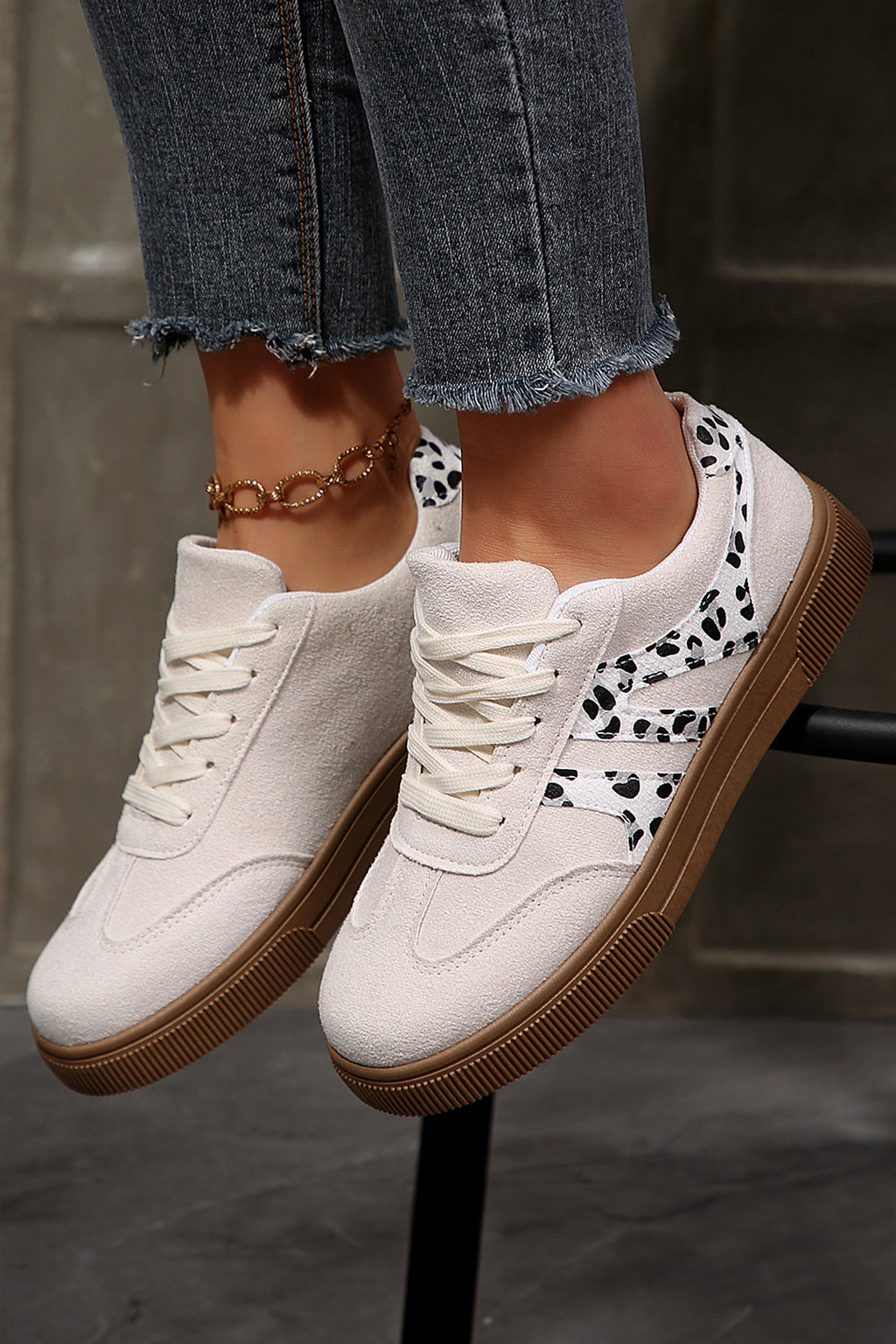 White Suede Leopard Color Block Trim Lace-up Casual Shoes