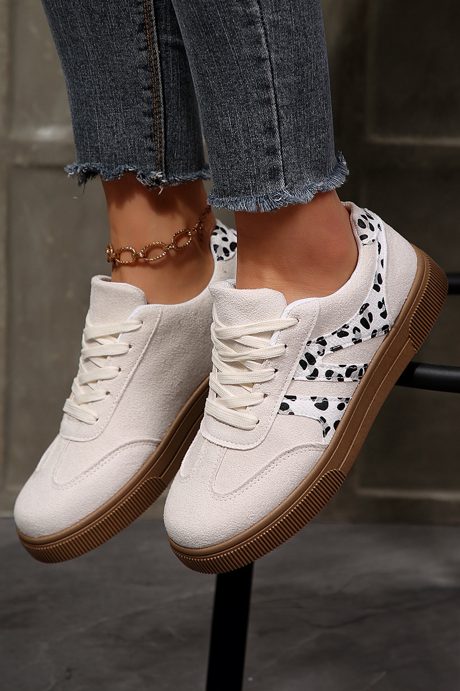 White Suede Leopard Color Block Trim Lace-up Casual Shoes