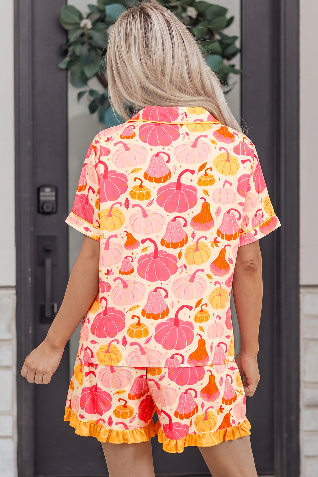 Pink Short Sleeve Pumpkin Print Pocket Placket Shell Button Lounge Set