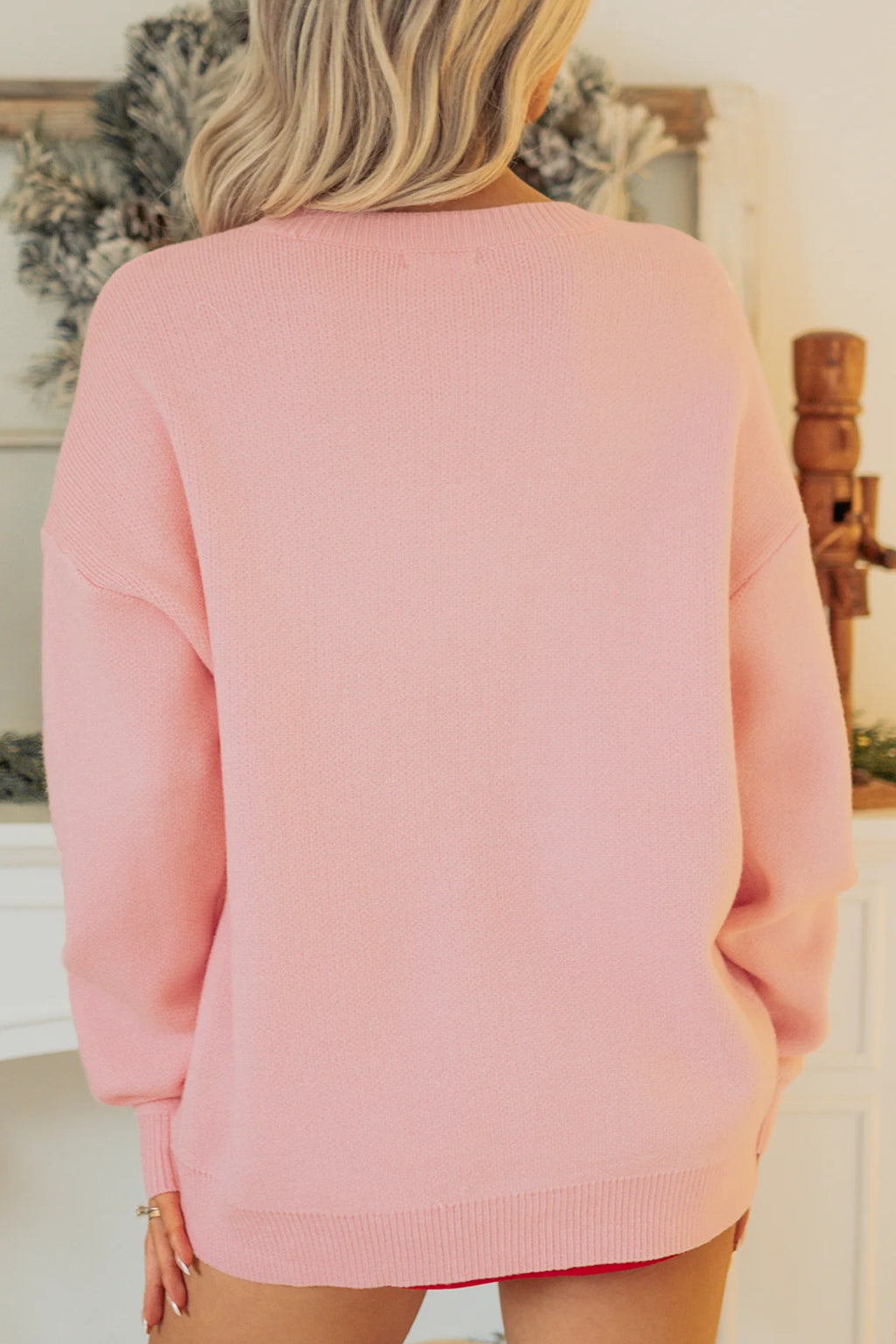 Gossamer Pink Drop Shoulder Round Neck Towel Embroidery Slogan Pullover Sweater