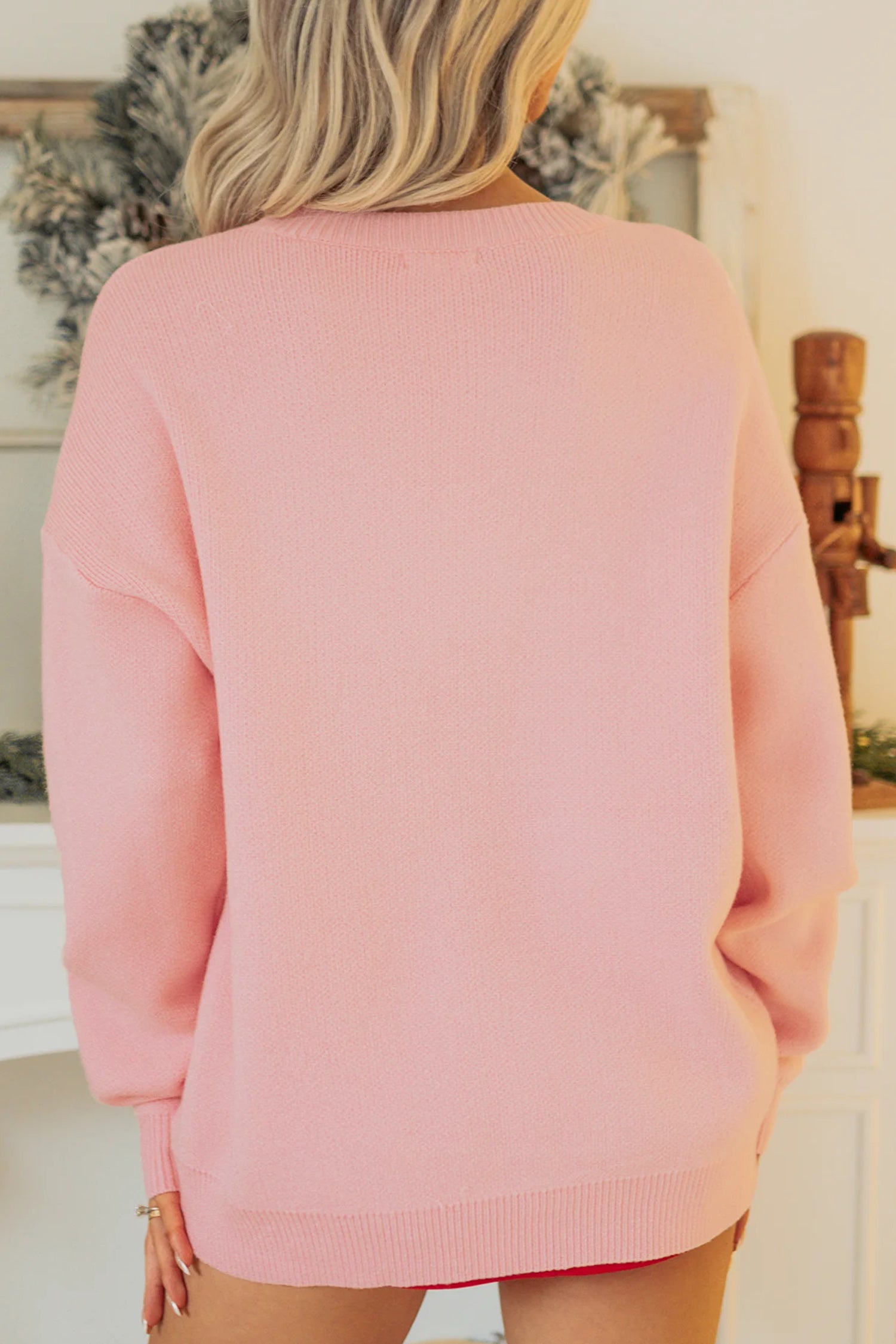 Gossamer Pink Drop Shoulder Round Neck Towel Embroidery Slogan Pullover Sweater