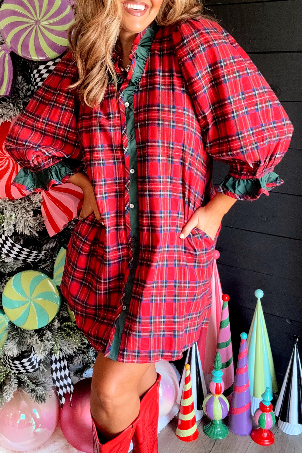 Red Plaid Ruffle Cuff Button Front Pocket Mini Dress