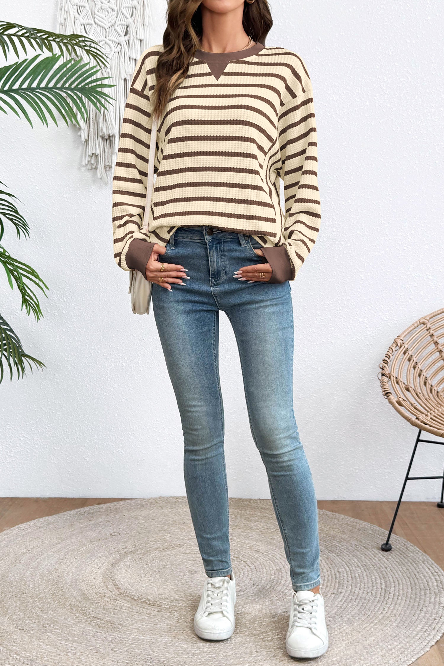 Brown Stripe Patchwork Ribbed Cuff Casual Pullover Sweatshirt