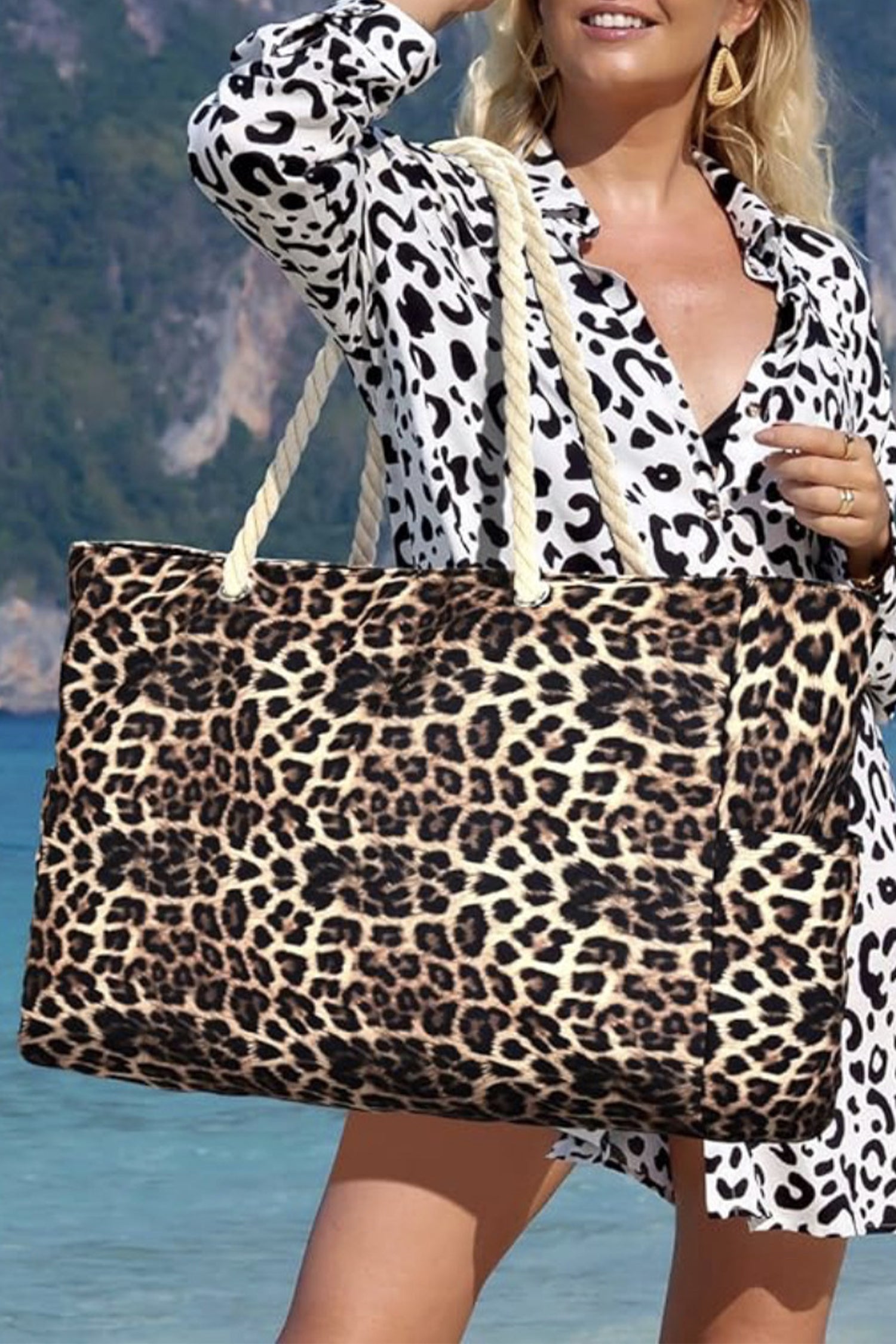 Coffee Leopard Print Rope Straps Large Travel Shopping Bag